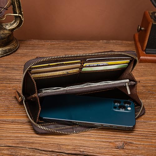 Retro Mens Genuine Leather Long Handbag Wallet with Phone Pocket Multi Compartments Daily Use (Coffee)4