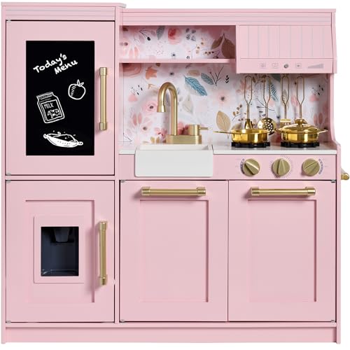 Best Choice Products Pretend Play Kitchen for Kids, Interactive Wooden Toddler Playset, Framed Chalkboard, Toy Storage, 11 Accessories – Pink