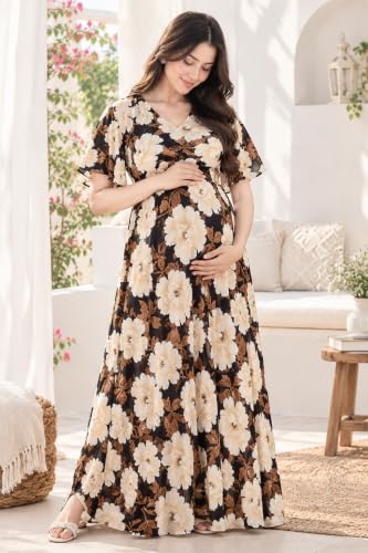 Image of CLOUD SOFT Women's Rayon Cotton Floral Printed Maternity Feeding Gown | Full-Length Nursing Nighty with Zipper | Pre & Post Pregnancy Dress (CS11004-5 MT All)