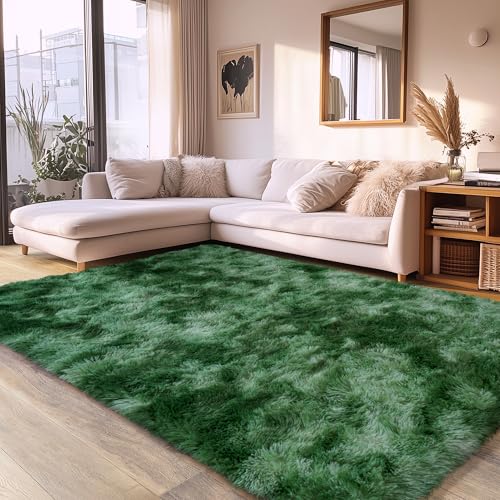 Tie-Dyed Green Fluffy Rug for Bedroom 5x7 ft - Ultra Soft & Non Slip Shaggy Area Rug, Comfy Durable Carpet for Living Room Kids Room Teens Dorm Home Decor, 1.7'' Thick Indoor Plush Carpets