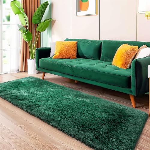 Fluffy Runner Rugs for Bedroom 2x6, Black Green Runner for Hallway Non-Slip, Bedside Shaggy Fuzzy Bedroom Decor