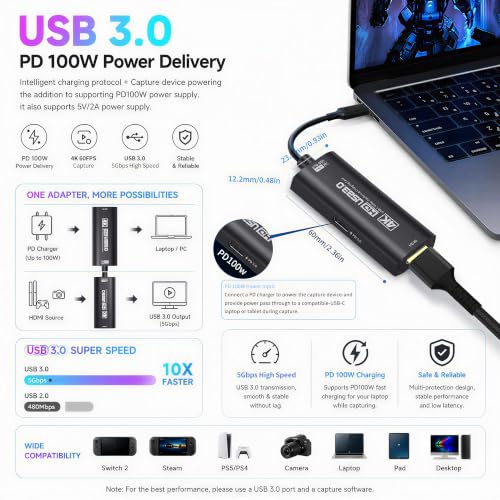 Image of Guermok 4K USB 3.0 HDMI Capture Card for Streaming with PD 100W, 4K@60FPS | 2K@120FPS HDMI to USB C /A Capture Card for Streaming, Works with Pad, Tablet, MacOS, Switch2 /1, Laptop, PC, Camera, VR, Black