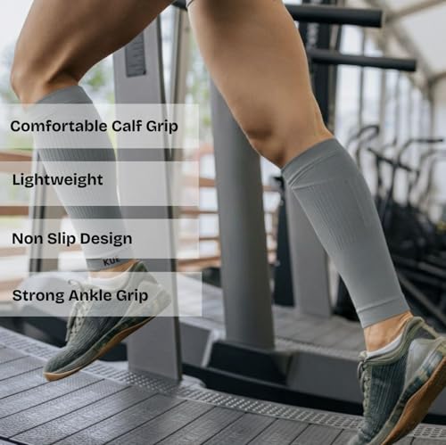 Image of KUE Compression Calf Sleeves for Running, Sports, & Medical Recovery | Graduated Support for Men & Women | Improves Blood Circulation, Reduces Swelling, Pain Relief | UV Protection (Grey, 2 Pairs, L)