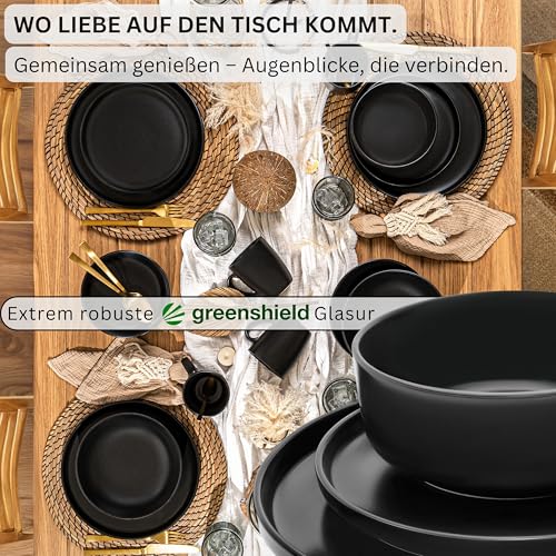SÄNGER Madeira | Steingut Geschirr Set 18 tlg, Teller Set 6 Personen, Geschirrset 6x Speiseteller 6x Müslischalen 6x Dessertteller, Tafelservice schwarz kratzfest, Essgeschirr matt | VALUE COLLECTION