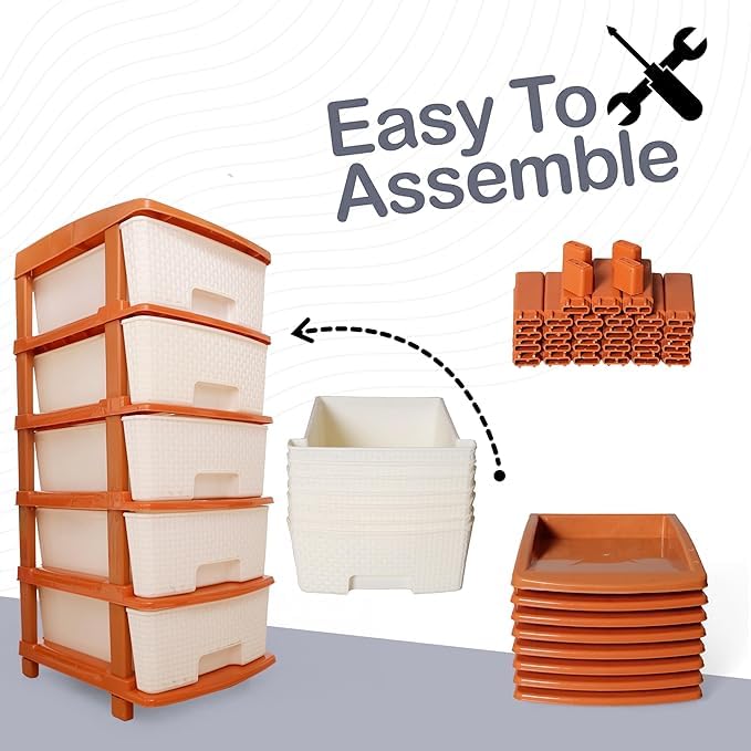 Image of KITCHIVO Plastic Modular Drawer Storage Chest Of Drawers Organizer Storage Box, Large Stomo Racks For Multipurpose Anti-slip Shoes Organizers (White & Golden, 5 Layer)