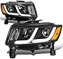 Auto Dynasty Pair Black Housing Amber Corner Dual LED DRL Strip Projector Headlight Lamps Compatible with Jeep Grand Cherokee 14-16