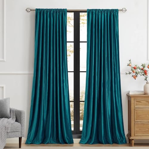 Image of Elegant Teal Velvet Curtains 102 inches for Living Room,Luxury 2 Panels Bluish Green Room Darkening Rod Pocket Back Tab Curtain Thermal Insulated Soundproof Noice Reducing Window Drapes for Bedroom