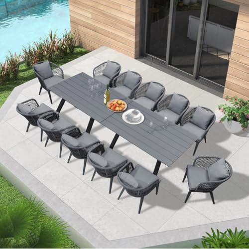Image of PURPLE LEAF 14 Pieces Patio Dining Set Wicker Outdoor Furniture Rectangular Table and Chairs Set for Garden Deck Aluminum Frame Backyard Kitchen Set, Cushions and Pillows Included Grey