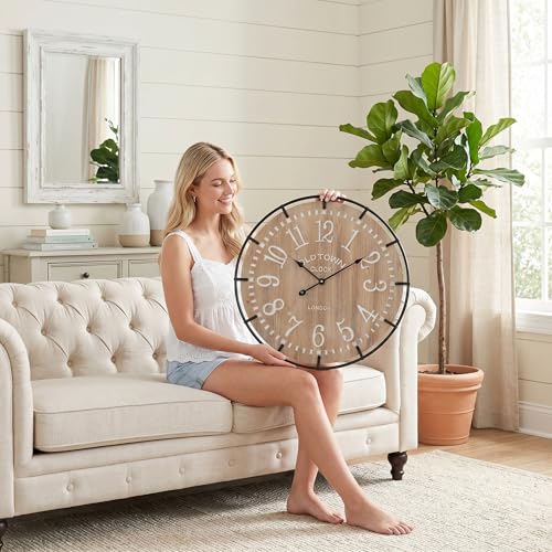 Image of EMAX HOME 24 Inch Large Farmhouse Wall Clock - Rustic Antique Wood, Silent Battery Operated Clock for Office Kitchen Bedroom Living Room