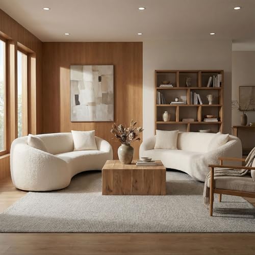 Image of 2-Piece Curved Sofa Set, 93.31 inch 3-Seater Modern Boucle Sofas, Solid Wood Frame, Deep Seat No Assembly Required, Living Room Sofa Set for Large Space, White