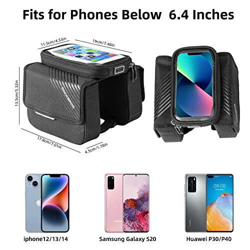 Rockbros Bike Frame Bag Waterproof Top Tube Bike Bag Large Storage Touch Screen Bike Cell Phone Holder Suitable For Iphonex,11,12,13,14 Below 6.4" #TOP4