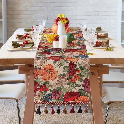 Jacquard Table Runner, Vintage Boho Tablecloth with Tassels, Hand Woven Linen Table Runner, 33 x 180 cm Stain-Resistant Table Runners for Table Parties, Cafes, Rustic Farmhouses