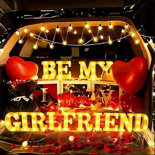 Image of Be My Girlfriend Light Up Letters Proposing Decorations Set Includes 14 LED Light Letters and 1000 Rose Petals Valentine's Day Ornaments