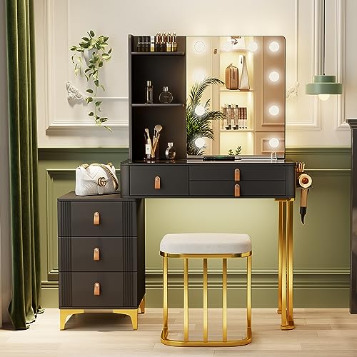 Dystle Makeup Vanity Desk with Mirror & Lights, Vanity Table with 5 Drawers, 2 Shelves, Vanity Set for Bedroom, Dressing Table with LED Lights, Vanity Gifts for Girls Lady (Black)