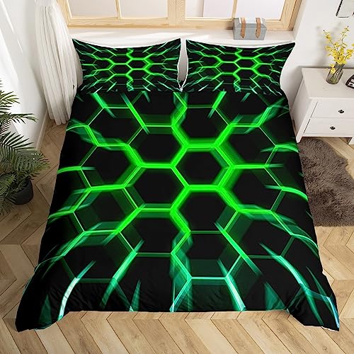 Homewish Honeycomb Bedding Set Black Green 3D Geometric Beehive Hexagon Duvet Cover King Gamer Room Decor for Boys Men Teen,Neon Light Geometrical Honeycomb Comforter Cover Glowing Hexagonal Bed Set…