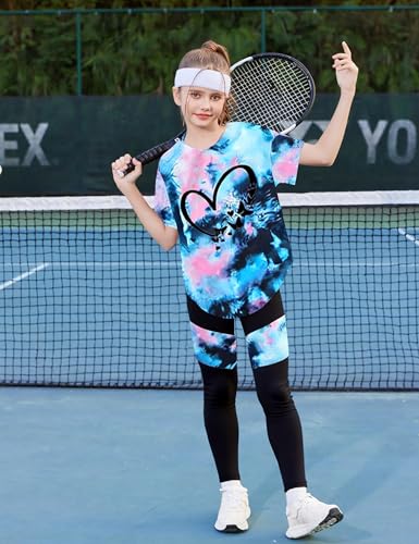 Image of Girls 2 Piece Outfits Kids Clothes Pants Sets Print Short Sleeve Top Leggings Spring Summer Tracksuit 4-13Y