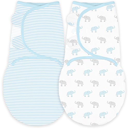 Amazing Baby Swaddle Blanket with Adjustable Wrap, Set of 2, Tiny Elephants and Stripes, Pastel Blue, Small
