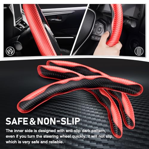 Image of 3 Piece Carbon Fiber Steering Wheel Cover, Car Steering Wheel Cover for Men /Women, Anti-Slip, Comfortable Grip, Durable, Universal for 99% Car Interior Accessories (Red)