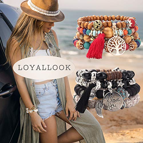 Loyallook 8 Sets Bohemian Stretch Wood Beaded Bracelets For Women Boho Tassel Bracelet Set Bead Strand Bangle Charm Multilayer Stackable Bracelets #TOP1