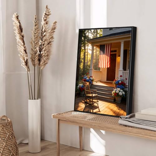 Image of American Flag Framed Canvas Wall Art, 4th of July Floral Canvas Prints, Summer Cottage Landscape Patriotic Decorations, Vintage Independence Day Wall Decor for Bedroom Living Room Office 16x20