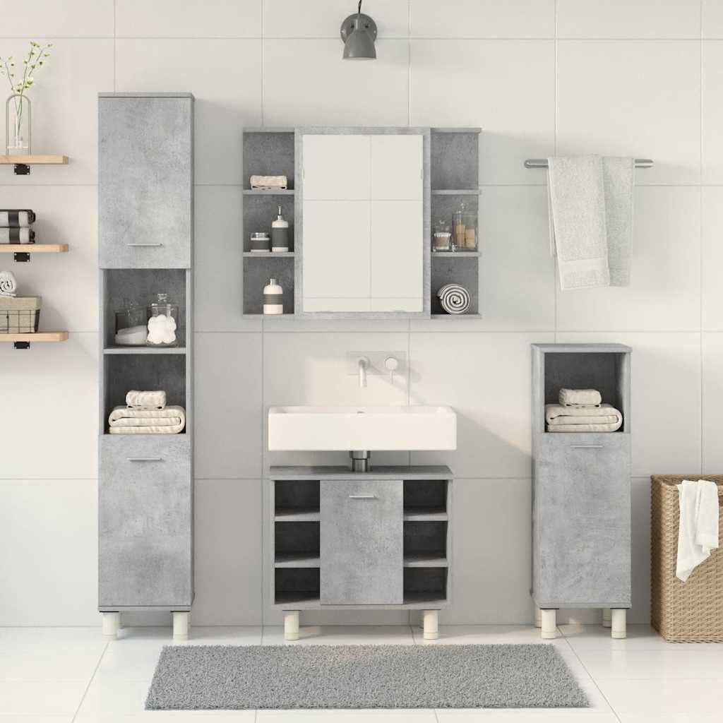 4-TLG. Badmöbel-Set Betongrau Holzwerkstoff Betongrau, Badezimmerschrank, Unterschrank Bad, Unterschrank