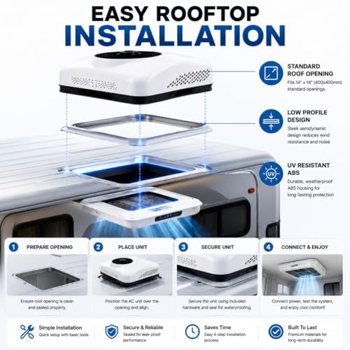 Image of 12V RV Air Conditioner DC, 10000 BTU Rooftop AC Unit, Fast Cooling Ultra-Quiet Heating & Cooling, Low Profile Energy Efficient, Battery Powered Air Conditioner for Camper Motorhome Trailer Truck