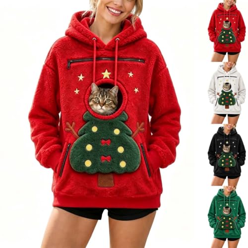 VBTAPA Funny Christmas Shirts Pet Pouch Hoodie Cat Hoodie Long Sleeve Fleece Cozy Christmas Sweatshirts Women Zip Pocket Drop Shoulder Sweatshirt Red S - image 1