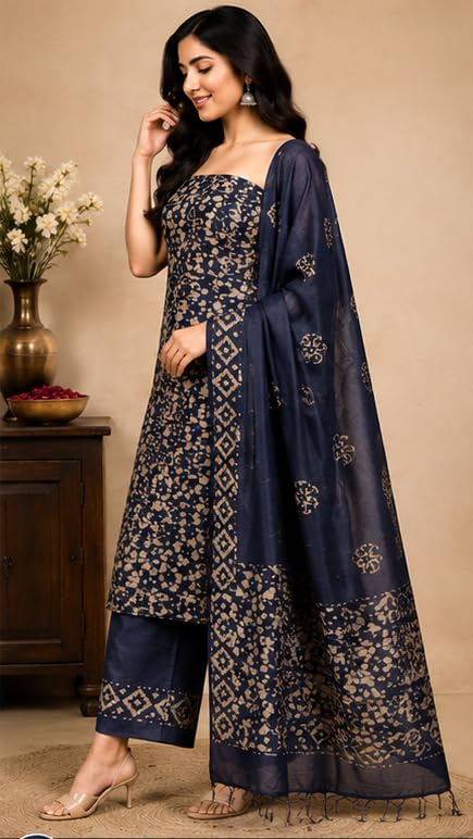 Image of STB-SILK TEXTILES BHAGALPUR Women's Cotton Silk Handcrafted Batik Print Unstitched Salwar Suit Dress Material With Duputta (Maroon)