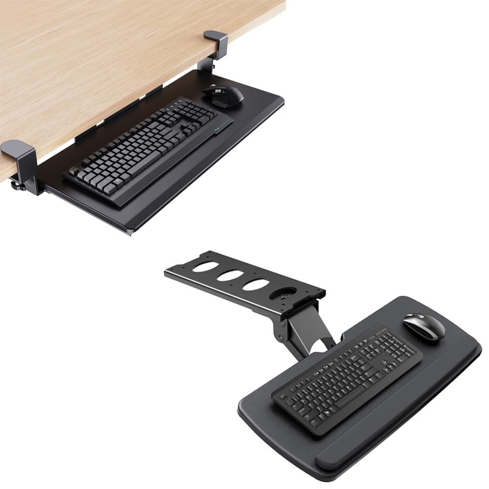 HUANUO HNKB03 Keyboard Tray Under Desk & HNKB12B Large Keyboard Holder with C-Clamp Hardware