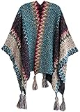 PADOLA Damen Ponchos Capes Strick Böhmische Ponchos Winter Cardigan Strick-Pullover Karierte Deckenschal Übergroße Winterdecke (Blau)