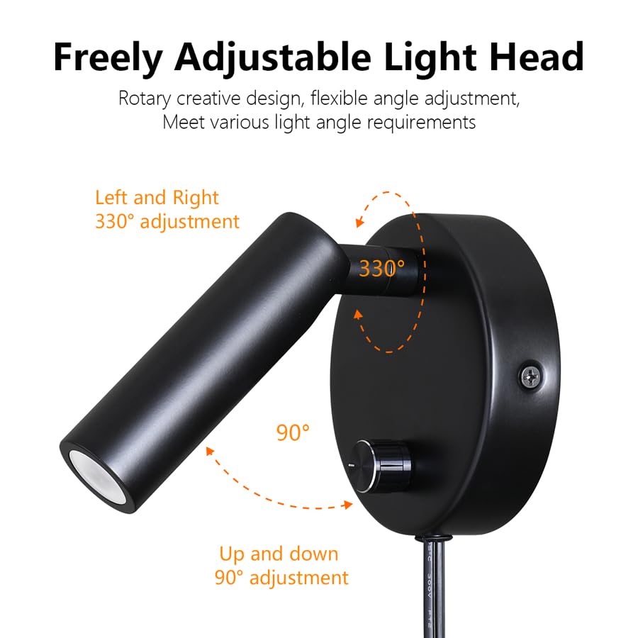 Image of Surface Wall Mounted Reading Light Sconces Lamp Physical Knob Dimmer Switch LED 5W Warm White 3000K (Black Plug Cord)