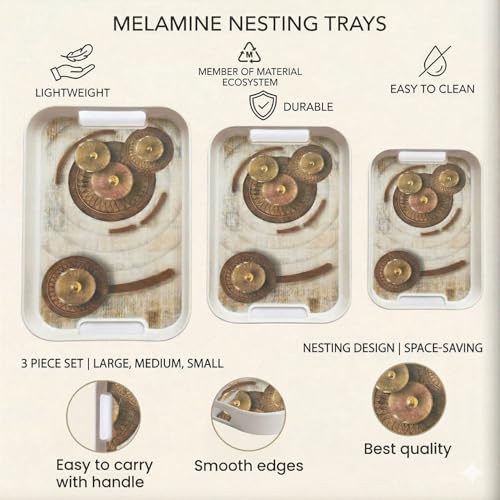 Image of Melamine Serving Tray Set | Serving Trays | Tray for Serving Tea, Coffee, Snacks | Break Resistant| Double Laminated | Multi-use | Glossy |Tray Set of 3 (Small, Medium, Large) (Brown)