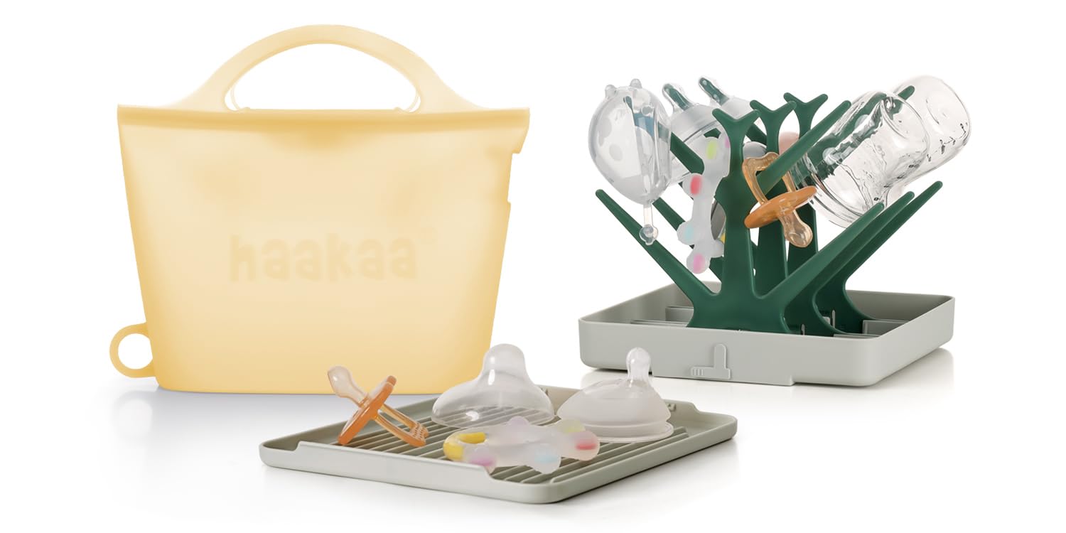 Haakaa On-The-Go Silicone Microwave Steamer,Steriliser Bag, 40oz/1250ml Reusable Silicone Steaming Bags & Portable Baby Bottle Drying Rack with Tray（Pineapple/1PC & Green）