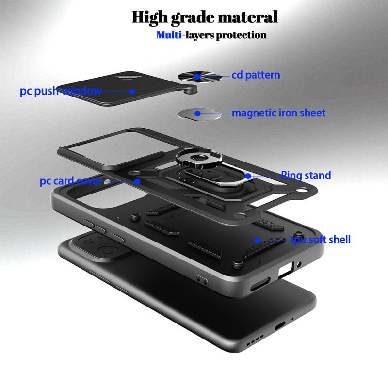 Image of Casodon Shockproof Back Case Cover for Vivo V70 /V70 Elite 5G, Shockproof Vivo V70 /V70 Elite Back Cover, Ring Case with Kickstand and Camera Protection Shutter - Black