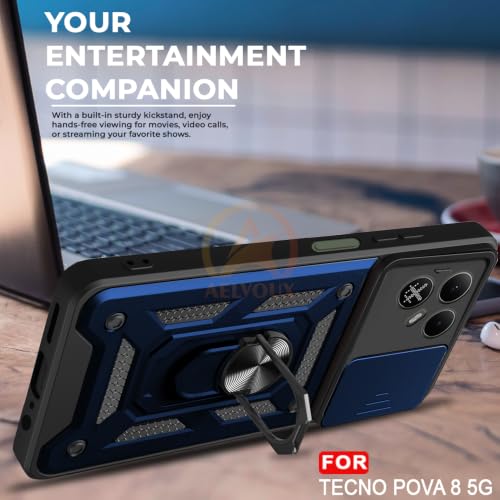 Image of Armor Bumper Back Cover Case for Tecno Pova 8 5G Rotating Camera Cover, Ring Holder & Kickstand | Heavy Duty & 360 Degree Protection Back Cover for Tecno Pova 8 5G (Blue)