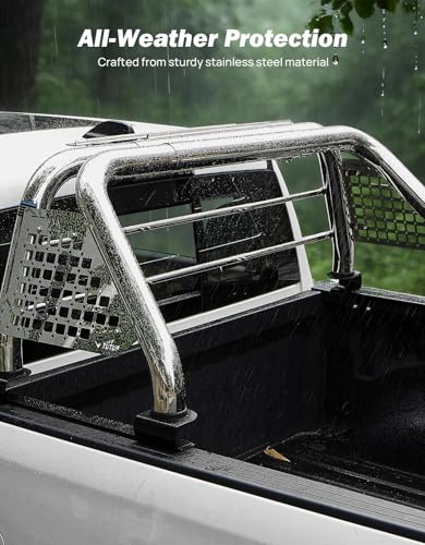 Image of JOYTUTUS Roll Bar for Full-Size Truck Stainless Steel Chase Rack Pickup Sports Bar Compatible with F150 F250 F350 Ram1500 Silverado Sierra Tundra, with Rear Window Protection Frame