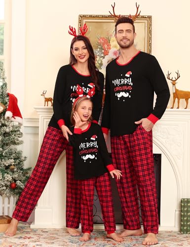 SWOMOG Couple Pajama Set Christmas Matching Family Long Sleeve Pj Set Xmas Printed Sleepwear Men&Women Plaid Pant with Pocket2