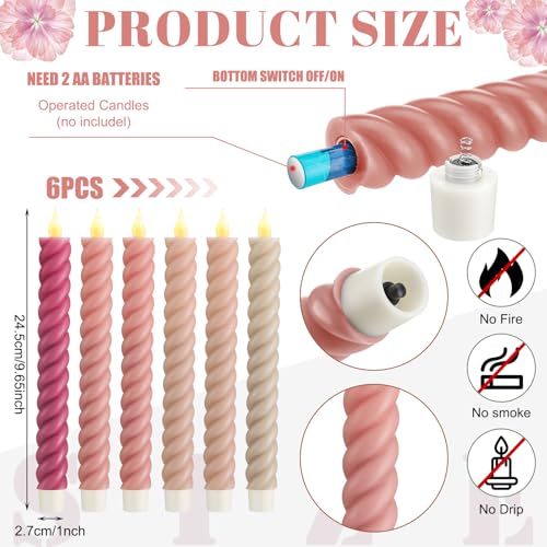 Image of Baquler 6 Pcs Pastel Pink Flameless Taper Candle Twisted LED 9.65 Inch Taper Candles Battery Operated Spiral Candlesticks for Valentine Wedding Birthday Home Party Holiday Dinner Fireplace