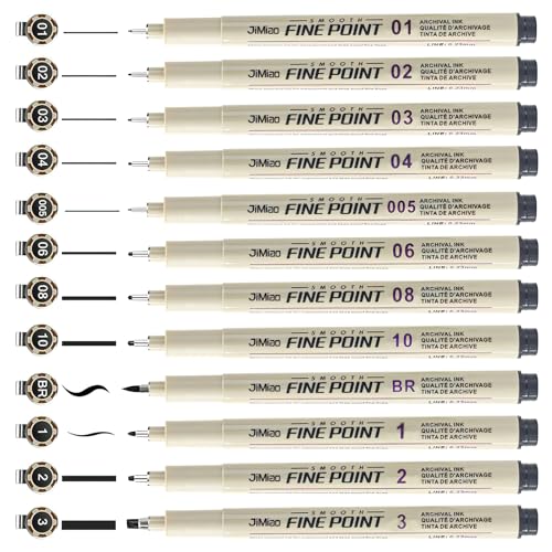 HENGBIRD Micron Fineliner Bolígrafos, 12 unidades, juego de rotuladores negros, varios anchos de línea, resistentes al agua para artistas, ilustraciones, bocetos, dibujo técnico