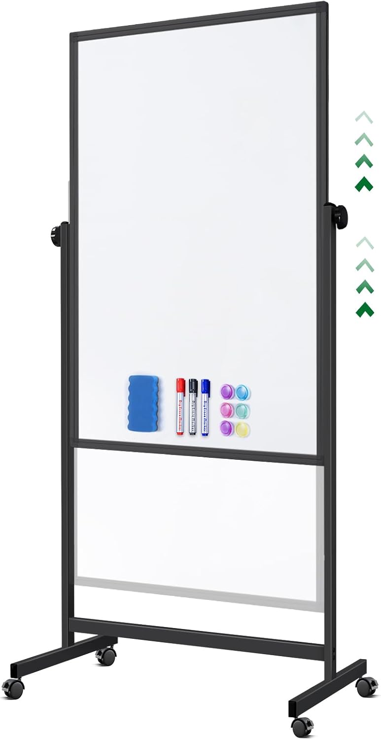 Rolling Whiteboard on Wheels, 32x48 Inches Double-Sided Magnetic Dry Erase Board with Stand, Height Adjustable Mobile White Board Easel for Classroom Home Office Black