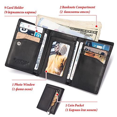 Wallet,Wallet for Men,Genuine Leather Wallet for,Men's Premium Genuine Leather Mens Trifold Wallet Blocking Card Holder Wallet Snap Zipper Coin Pocket(Black)2