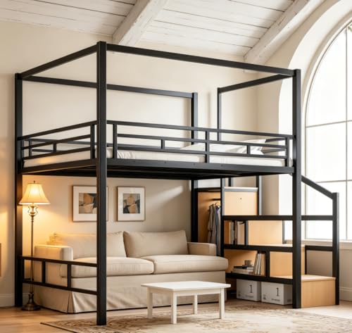 Image of Bellemave Queen loft Bed with Storage Stairs, Wardrobe, LED,Canopy Support Pole, Metal Loft Bed Frame for Adults, Kids, Teens, Canopy can be Disassembled, Black+Natural Wood