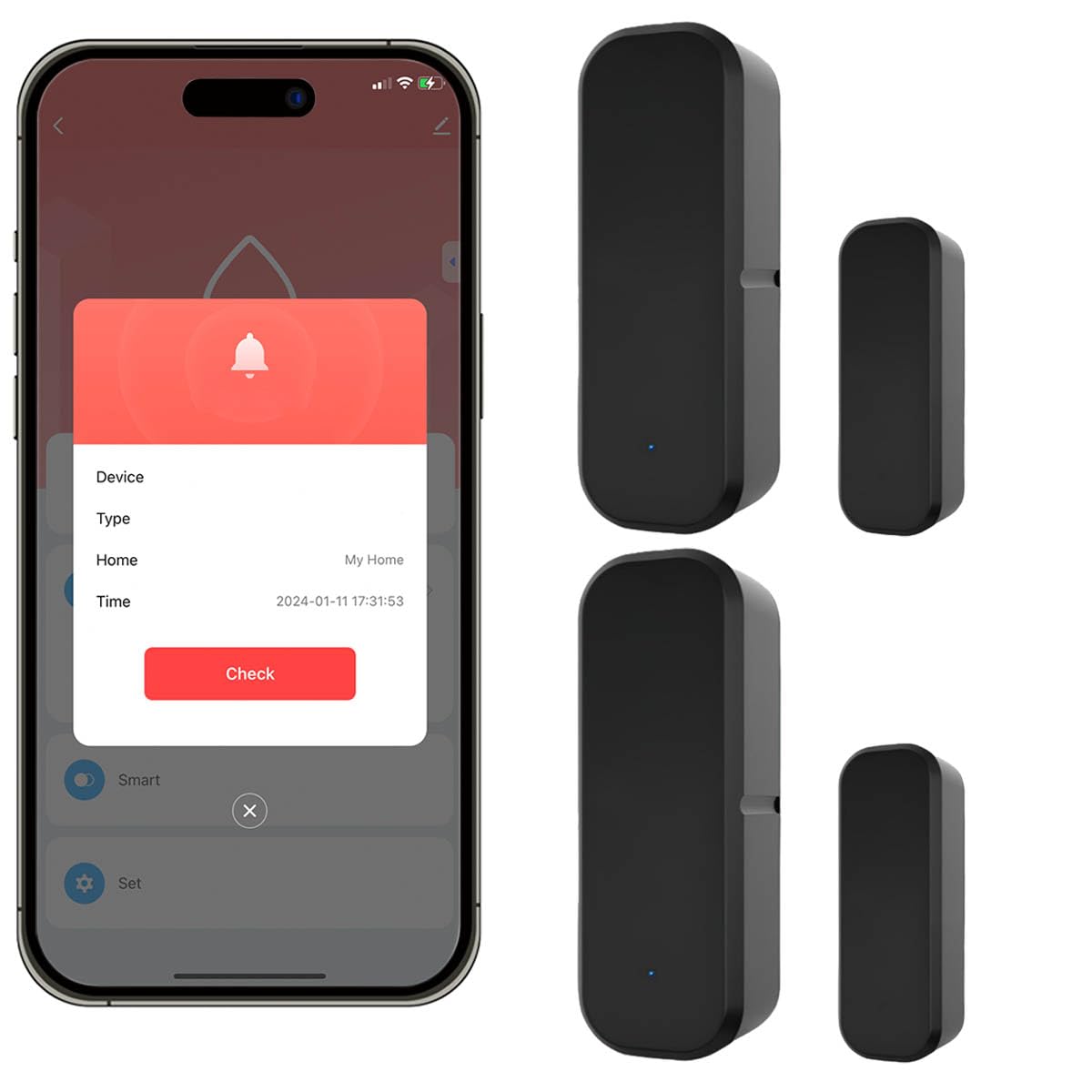 Czujnik drzwi WiFi, czarny, inteligentny alarm do drzwi, bezprzewodowy czujnik otwarcia drzwi, alarm, do systemu alarmowego, kompatybilny z Alexa i Google Home, 2 szt