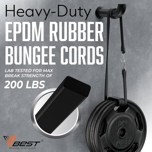 Image of EPDM Rubber Bungee Cords with Hooks - 8Pcs Heavy Duty Outdoor Straps | Black Rubber Assorted Sizes Bungy Cords 10 inch,15 inch,21 inch,31 inch - Strong Bungie - UV & Weather Resistant Bunjees 200lb Strength