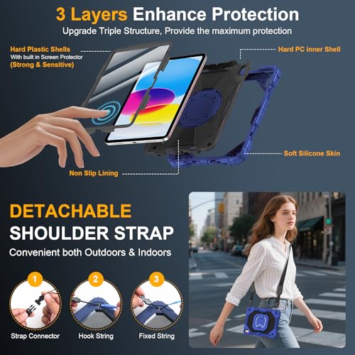 Image of Case for iPad A16 11th /10th Generation 11 inch /10.9 inch 2025 /2022, Ubearkk for iPad a16 case with Screen Protector, 360 Degree Rotating Stand Shoulder Strap Pencil Holder, Navy Black