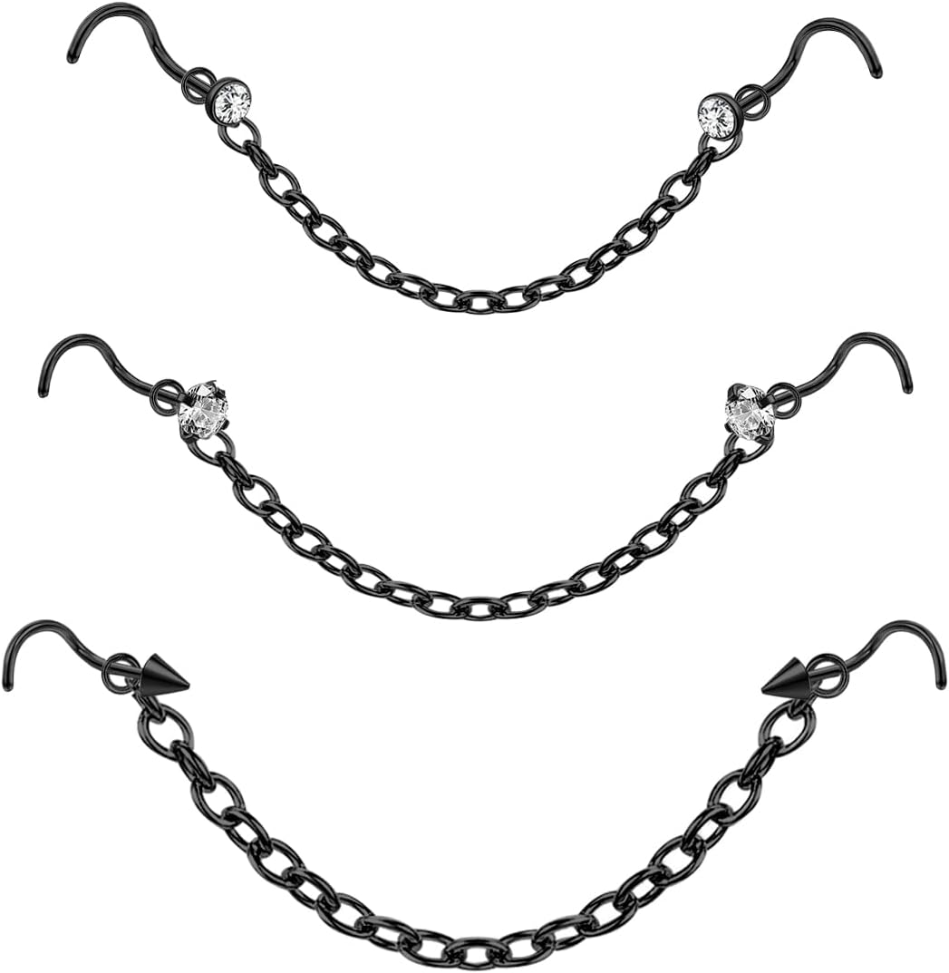 Nose Ring Chain Across Nose Stainless Steel Nostril Nose Piercing Chain with Cubic Zirconia Nose Screw Bone L-Shaped Ring for Women Men Body Piercing Nostril Jewelry with Bridge Chain