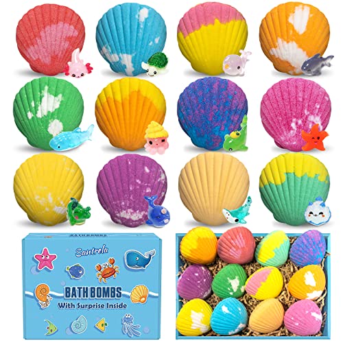 Bath Bombs for Kids with Toys Inside Surprise - 12 Bubble Kids Bath Bombs Gift Set for Girls Boys, Sea Shell Fizz Bath Balls Kit for Easter Eggs Stuffers Birthday Christmas