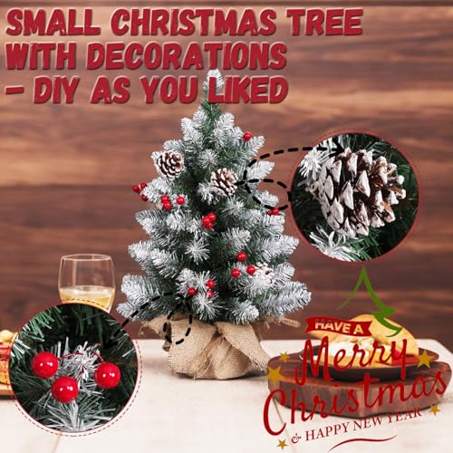 Mini Christmas Tree 2FT with Lights?White Tabletop Christmas Tree with Flocking Snow Frost Tips Berries Wood Base with Burlap 55CM Small Xmas Pine Tree for Holiday Home Decoration
