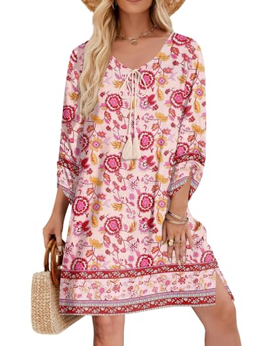 Image of Zeagoo Womens Boho Dresses Casual Beach Summer Dress Tassel Tie Neck 3 /4 Long Sleeve Mini Sundress 2026 Floral Print Cover Up