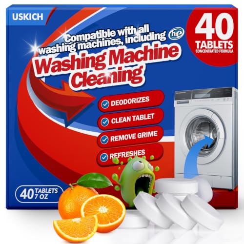 USKICH 40 Pack Washing Machine Cleaner Tablets,Deep Cleaning Descaler For HE Front Loader & Top Load Washer,Washer Machine Cleaning Tablets Clean Inside Drum and Laundry Tub Seal,Septic Safe